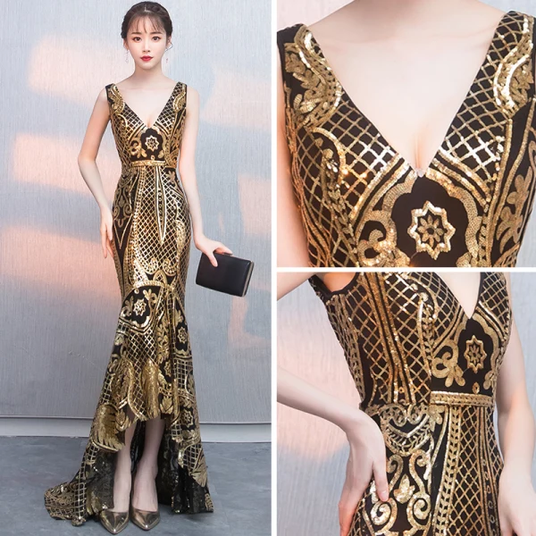 Sexy Schwarz Gold Pailletten Abendkleider 2018 Meerjungfrau V-Ausschnitt Ärmellos Asymmetrisch Rüschen Rückenfreies Festliche Kleider