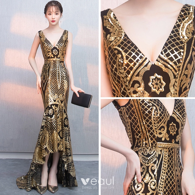 Sexy Black Gold Sequins Evening Dresses 2018 Trumpet Mermaid V Neck  Sleeveless Asymmetrical Ruffle Backless Formal Dresses