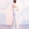 Chinese style Ivory See-through Evening Dresses  2018 Trumpet / Mermaid High Neck Sleeveless Embroidered Split Front Floor-Length / Long Ruffle Formal Dresses