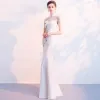 Chinese style Ivory See-through Evening Dresses  2018 Trumpet / Mermaid High Neck Sleeveless Embroidered Split Front Floor-Length / Long Ruffle Formal Dresses