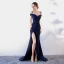 Sexy Bleu Marine Robe De Soirée 2017 Trompette / Sirène Bretelles Spaghetti Manches Courtes Métal Ceinture Fendue devant Tribunal Train Dos Nu Robe De Ceremonie
