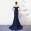 Sexy Bleu Marine Robe De Soirée 2017 Trompette / Sirène Bretelles Spaghetti Manches Courtes Métal Ceinture Fendue devant Tribunal Train Dos Nu Robe De Ceremonie