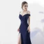 Sexy Bleu Marine Robe De Soirée 2017 Trompette / Sirène Bretelles Spaghetti Manches Courtes Métal Ceinture Fendue devant Tribunal Train Dos Nu Robe De Ceremonie