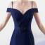 Sexy Bleu Marine Robe De Soirée 2017 Trompette / Sirène Bretelles Spaghetti Manches Courtes Métal Ceinture Fendue devant Tribunal Train Dos Nu Robe De Ceremonie