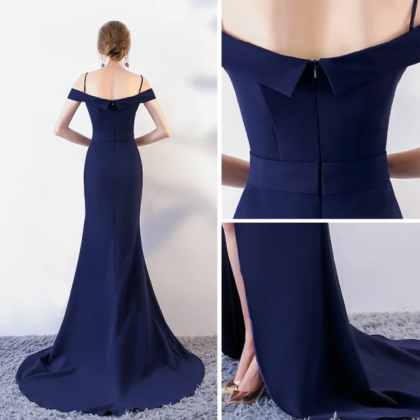 Sexy Bleu Marine Robe De Soirée 2017 Trompette / Sirène Bretelles Spaghetti Manches Courtes Métal Ceinture Fendue devant Tribunal Train Dos Nu Robe De Ceremonie