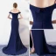 Sexy Bleu Marine Robe De Soirée 2017 Trompette / Sirène Bretelles Spaghetti Manches Courtes Métal Ceinture Fendue devant Tribunal Train Dos Nu Robe De Ceremonie