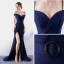 Sexy Bleu Marine Robe De Soirée 2017 Trompette / Sirène Bretelles Spaghetti Manches Courtes Métal Ceinture Fendue devant Tribunal Train Dos Nu Robe De Ceremonie