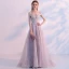 Sexy Grey See-through Prom Dresses 2018 A-Line / Princess Off-The-Shoulder Short Sleeve Appliques Lace Rhinestone Sweep Train Ruffle Formal Dresses