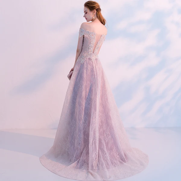 Sexy Grey See-through Prom Dresses 2018 A-Line / Princess Off-The-Shoulder Short Sleeve Appliques Lace Rhinestone Sweep Train Ruffle Formal Dresses