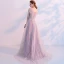 Sexy Grey See-through Prom Dresses 2018 A-Line / Princess Off-The-Shoulder Short Sleeve Appliques Lace Rhinestone Sweep Train Ruffle Formal Dresses