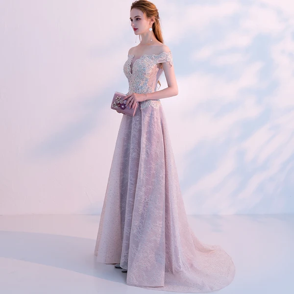 Sexy Grey See-through Prom Dresses 2018 A-Line / Princess Off-The-Shoulder Short Sleeve Appliques Lace Rhinestone Sweep Train Ruffle Formal Dresses