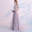 Sexy Grey See-through Prom Dresses 2018 A-Line / Princess Off-The-Shoulder Short Sleeve Appliques Lace Rhinestone Sweep Train Ruffle Formal Dresses
