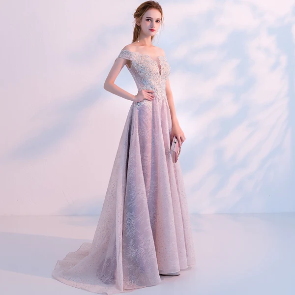 Sexy Grey See-through Prom Dresses 2018 A-Line / Princess Off-The-Shoulder Short Sleeve Appliques Lace Rhinestone Sweep Train Ruffle Formal Dresses