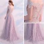 Sexy Grey See-through Prom Dresses 2018 A-Line / Princess Off-The-Shoulder Short Sleeve Appliques Lace Rhinestone Sweep Train Ruffle Formal Dresses
