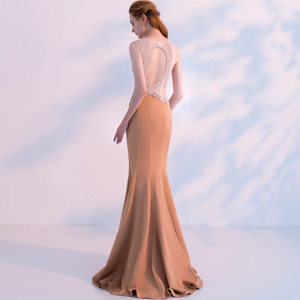 Modern / Fashion Orange See-through Evening Dresses 2018 Trumpet / Mermaid Scoop Neck Sleeveless Beading Sweep Train Ruffle Backless Formal Dresses