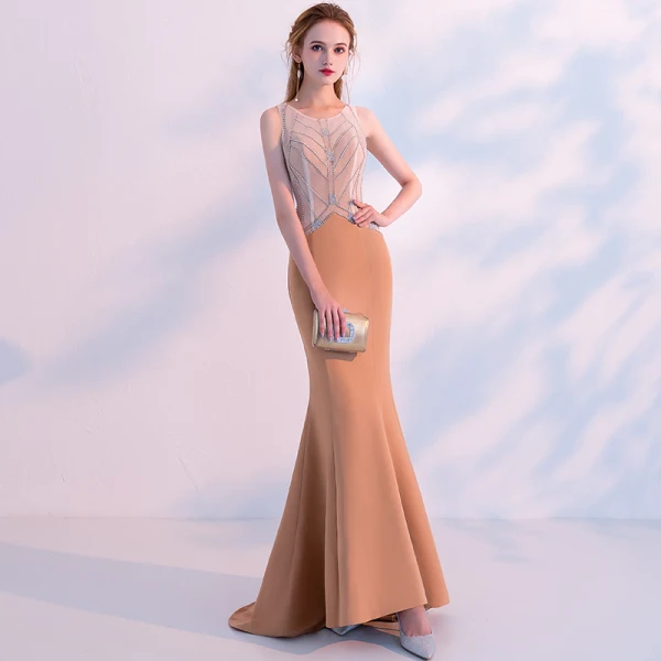 Modern / Fashion Orange See-through Evening Dresses 2018 Trumpet / Mermaid Scoop Neck Sleeveless Beading Sweep Train Ruffle Backless Formal Dresses