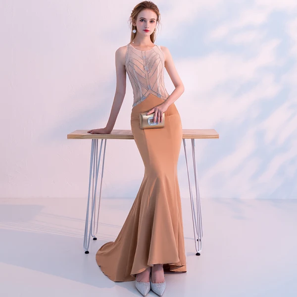 Modern / Fashion Orange See-through Evening Dresses 2018 Trumpet / Mermaid Scoop Neck Sleeveless Beading Sweep Train Ruffle Backless Formal Dresses