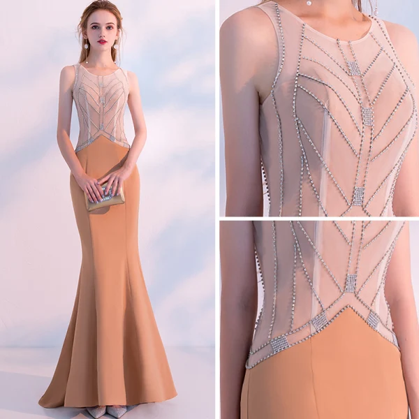 Modern / Fashion Orange See-through Evening Dresses 2018 Trumpet / Mermaid Scoop Neck Sleeveless Beading Sweep Train Ruffle Backless Formal Dresses