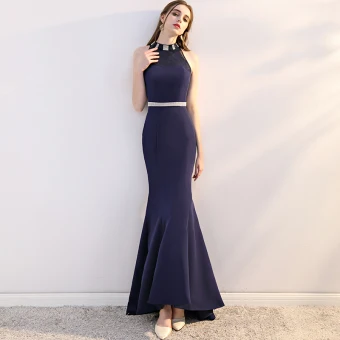 Chic Belle Bleu Marine Robe De Soirée 2018 Trompette Sirène Col Haut Sans Manches Faux Diamant Ceinture Train De Balayage Volants Robe De Ceremonie