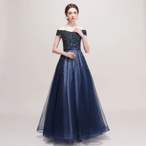 Luxe Bleu Marine Robe De Bal 2018 Princesse De L Épaule Manches Courtes Perlage Paillettes Ceinture Longue Volants Dos Nu Robe De Ceremonie