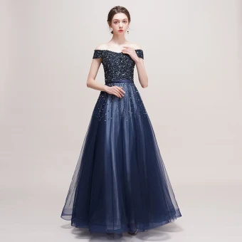 Luxe Bleu Marine Robe De Bal 2018 Princesse De L Épaule Manches Courtes Perlage Paillettes Ceinture Longue Volants Dos Nu Robe De Ceremonie