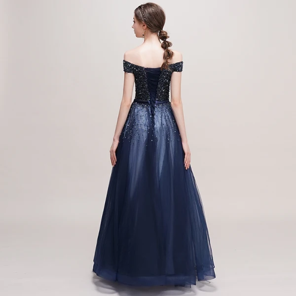 Luxus / Herrlich Marineblau Ballkleider 2018 A Linie Off Shoulder Kurze Ärmel Perlenstickerei Pailletten Stoffgürtel Lange Rüschen Rückenfreies Festliche Kleider