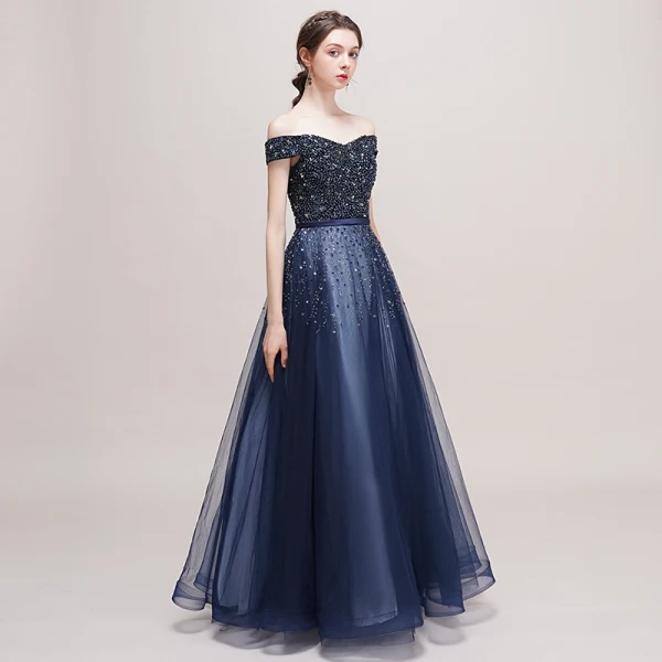 Luxus / Herrlich Marineblau Ballkleider 2018 A Linie Off Shoulder Kurze Ärmel Perlenstickerei Pailletten Stoffgürtel Lange Rüschen Rückenfreies Festliche Kleider