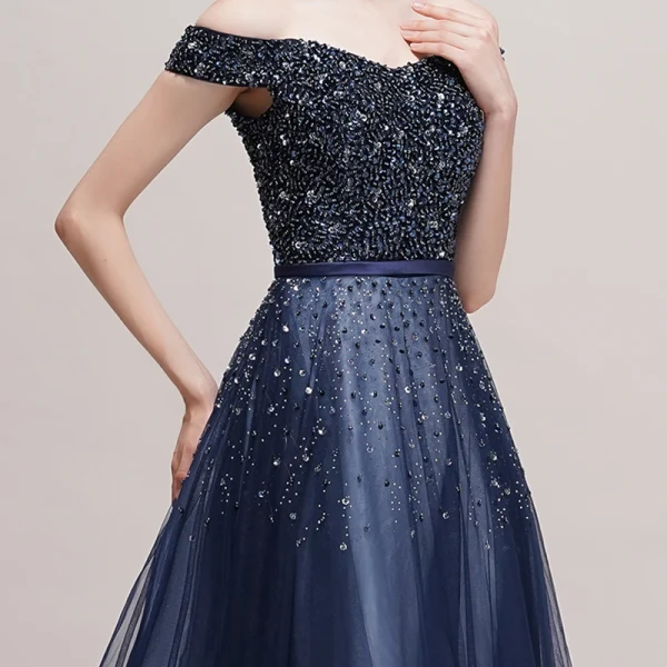 Luxus / Herrlich Marineblau Ballkleider 2018 A Linie Off Shoulder Kurze Ärmel Perlenstickerei Pailletten Stoffgürtel Lange Rüschen Rückenfreies Festliche Kleider