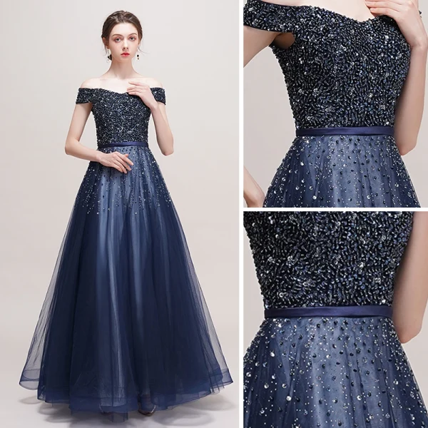Luxus / Herrlich Marineblau Ballkleider 2018 A Linie Off Shoulder Kurze Ärmel Perlenstickerei Pailletten Stoffgürtel Lange Rüschen Rückenfreies Festliche Kleider