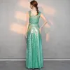Sparkly Green Sequins Evening Dresses  2018 A-Line / Princess V-Neck Sleeveless Metal Sash Floor-Length / Long Ruffle Backless Formal Dresses