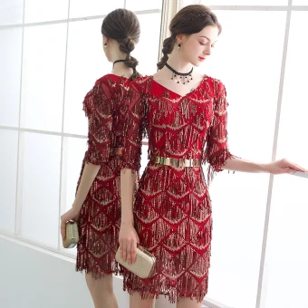Bling Bling Burgundy Party Dresses 2018 V Neck 1 2 Sleeves Metal Sash Beading Sequins Tassel Short Formal Dresses