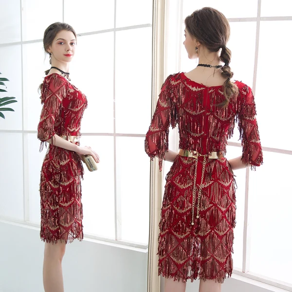 Bling Bling Burgundy Party Dresses 2018 V-Neck 1/2 Sleeves Metal Sash Beading Sequins Tassel Short Formal Dresses
