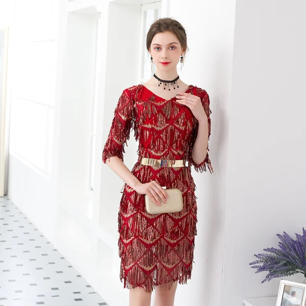 Bling Bling Burgundy Party Dresses 2018 V-Neck 1/2 Sleeves Metal Sash Beading Sequins Tassel Short Formal Dresses