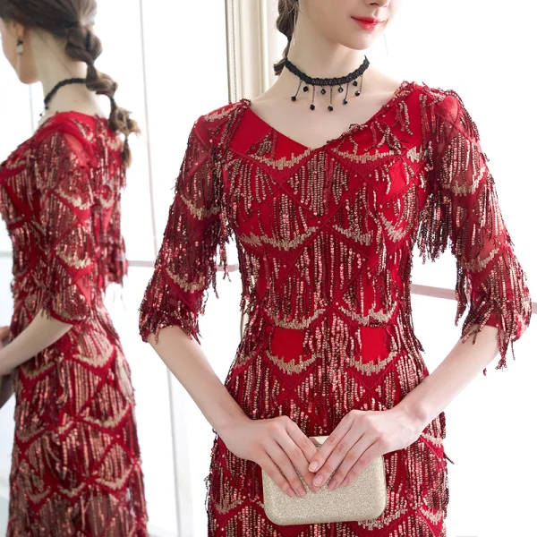 Bling Bling Burgundy Party Dresses 2018 V-Neck 1/2 Sleeves Metal Sash Beading Sequins Tassel Short Formal Dresses