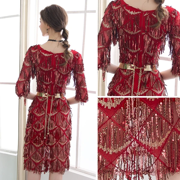 Bling Bling Burgundy Party Dresses 2018 V-Neck 1/2 Sleeves Metal Sash Beading Sequins Tassel Short Formal Dresses