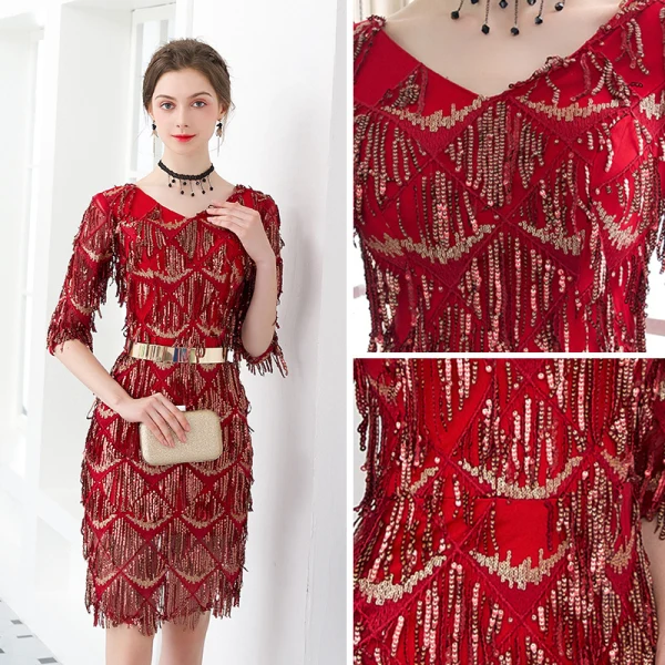 Bling Bling Burgundy Party Dresses 2018 V-Neck 1/2 Sleeves Metal Sash Beading Sequins Tassel Short Formal Dresses