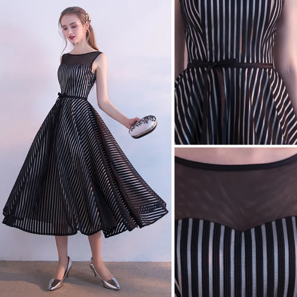 Modest / Simple Black White Striped Homecoming Graduation Dresses 2017 A-Line / Princess Scoop Neck Sleeveless Sash Tea-length Backless Formal Dresses