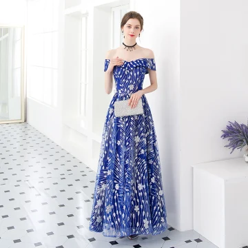 Abordable Bleu Roi Robe De Soirée 2018 Princesse De L Épaule Manches Courtes Appliques Paillettes Longue Volants Dos Nu Robe De Ceremonie
