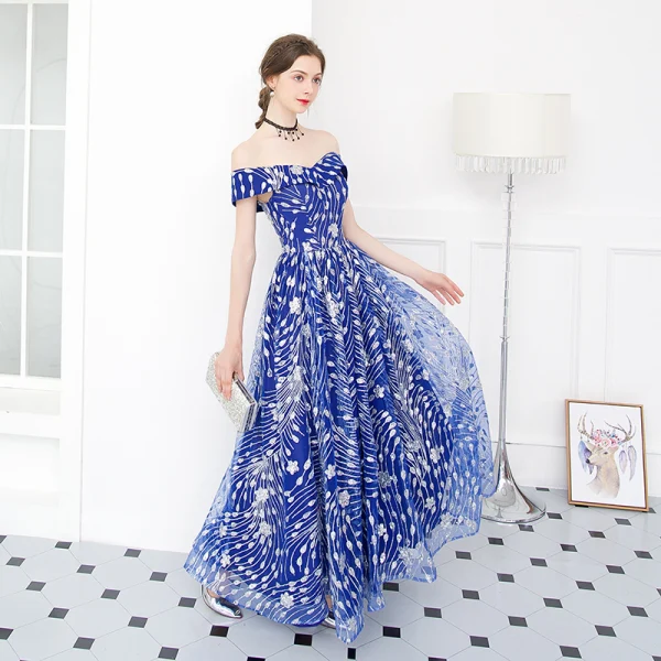 Abordable Bleu Roi Robe De Soirée 2018 Princesse De l'épaule Manches Courtes Appliques Paillettes Longue Volants Dos Nu Robe De Ceremonie