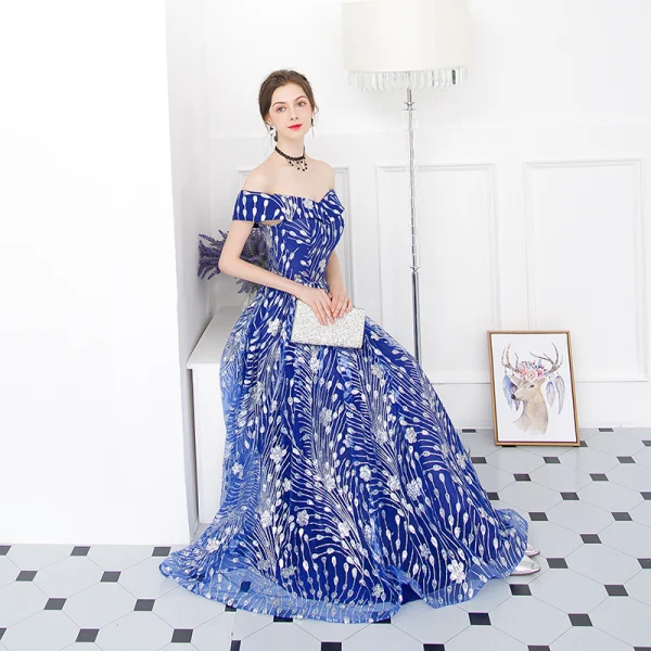 Abordable Bleu Roi Robe De Soirée 2018 Princesse De l'épaule Manches Courtes Appliques Paillettes Longue Volants Dos Nu Robe De Ceremonie