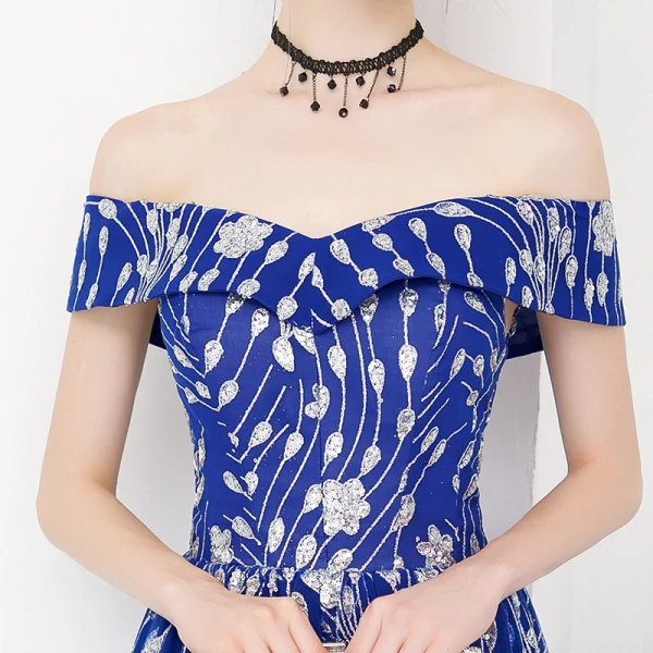 Abordable Bleu Roi Robe De Soirée 2018 Princesse De l'épaule Manches Courtes Appliques Paillettes Longue Volants Dos Nu Robe De Ceremonie