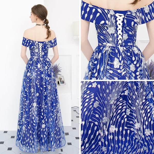 Abordable Bleu Roi Robe De Soirée 2018 Princesse De l'épaule Manches Courtes Appliques Paillettes Longue Volants Dos Nu Robe De Ceremonie