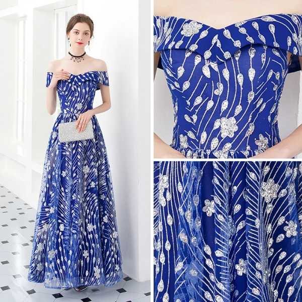 Abordable Bleu Roi Robe De Soirée 2018 Princesse De l'épaule Manches Courtes Appliques Paillettes Longue Volants Dos Nu Robe De Ceremonie