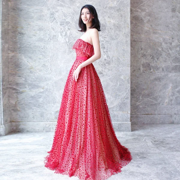 Affordable Red See-through Prom Dresses 2018 A-Line / Princess Scoop Neck Sleeveless Sash Spotted Tulle Affordable Red See-through Prom Dresses 2018 A-Line / Princess Scoop Neck Sleeveless Sash Spotted Tulle