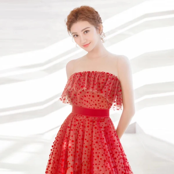 Affordable Red See-through Prom Dresses 2018 A-Line / Princess Scoop Neck Sleeveless Sash Spotted Tulle Floor-Length / Long Ruffle Formal Dresses
