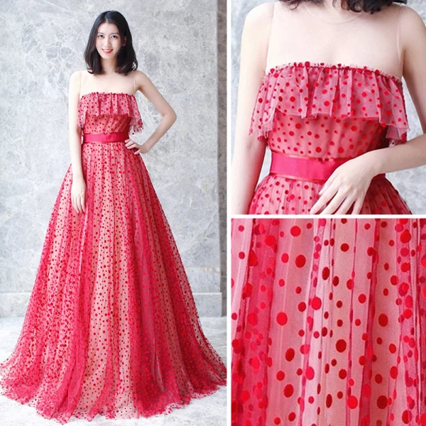 Affordable Red See-through Prom Dresses 2018 A-Line / Princess Scoop Neck Sleeveless Sash Spotted Tulle Floor-Length / Long Ruffle Formal Dresses