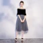 Abordable Bleu Marine Robe De Soirée 2018 Princesse De l'épaule 1/2 Manches Ceinture Glitter Tulle Thé Longueur Volants Dos Nu Robe De Ceremonie
