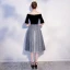 Abordable Bleu Marine Robe De Soirée 2018 Princesse De l'épaule 1/2 Manches Ceinture Glitter Tulle Thé Longueur Volants Dos Nu Robe De Ceremonie