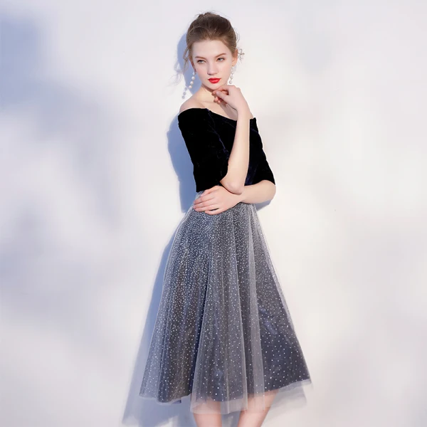 Abordable Bleu Marine Robe De Soirée 2018 Princesse De l'épaule 1/2 Manches Ceinture Glitter Tulle Thé Longueur Volants Dos Nu Robe De Ceremonie
