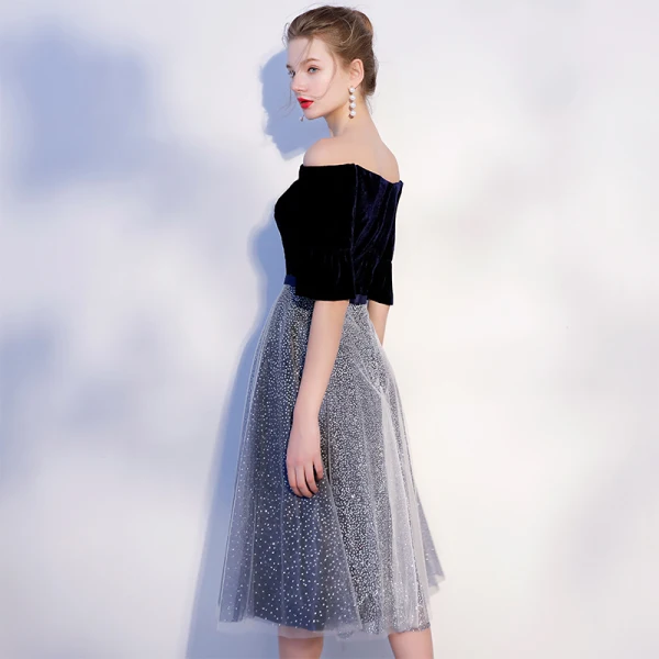 Abordable Bleu Marine Robe De Soirée 2018 Princesse De l'épaule 1/2 Manches Ceinture Glitter Tulle Thé Longueur Volants Dos Nu Robe De Ceremonie